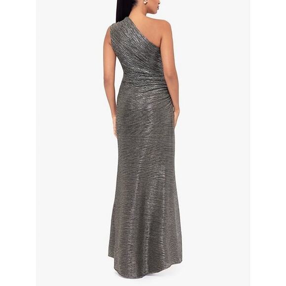 NWT Betsy & Adam Metallic One Shoulder Crinkled Column Gown Size 2 - Picture 3 of 5